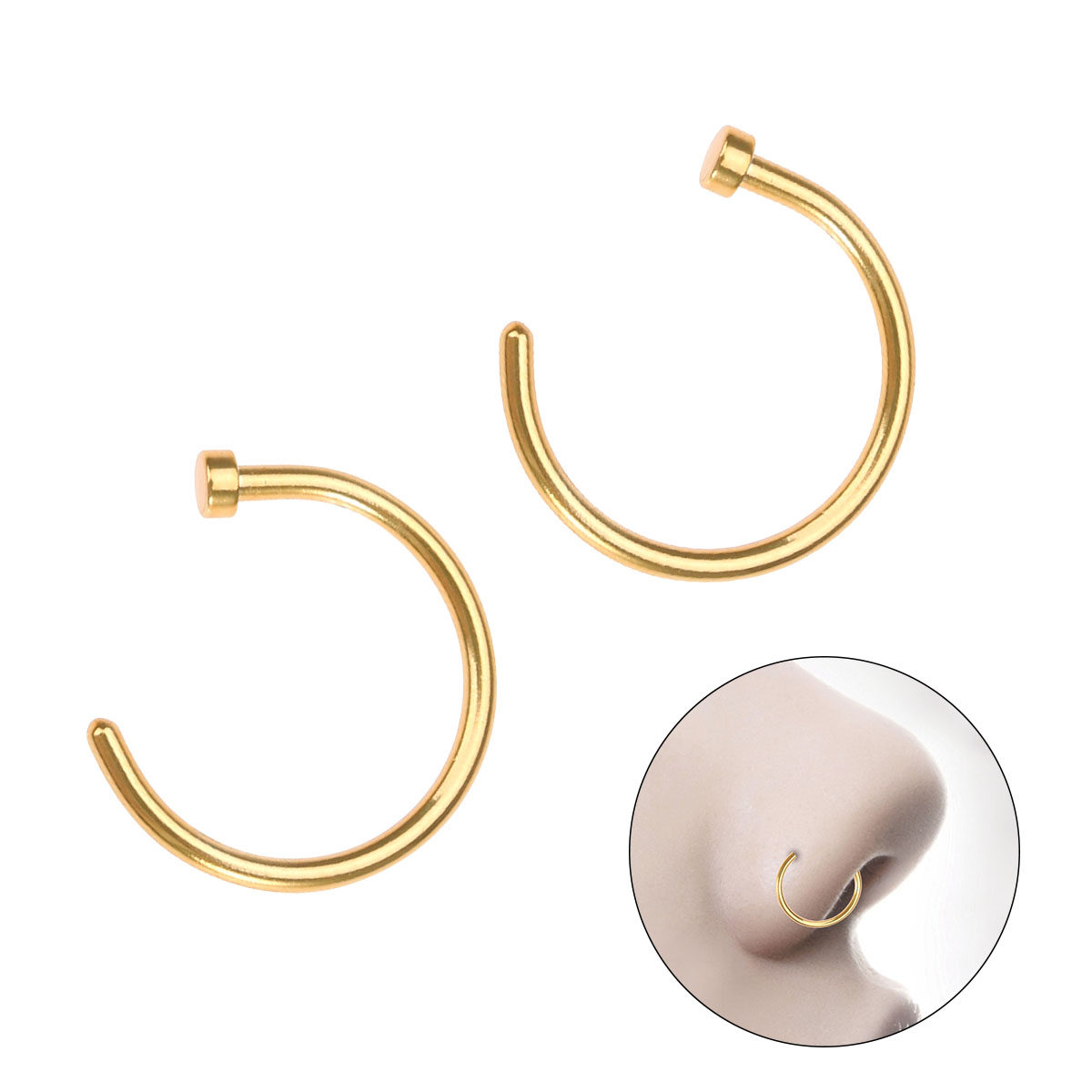 Body Jewelry For Sensitive Skin - 2個入り、高品質な医療用チタン製ノーズリング。C字型のオープンフープで、敏感肌にも優しく、滑らかで磨き上げられた仕上がり。快適な装着感。