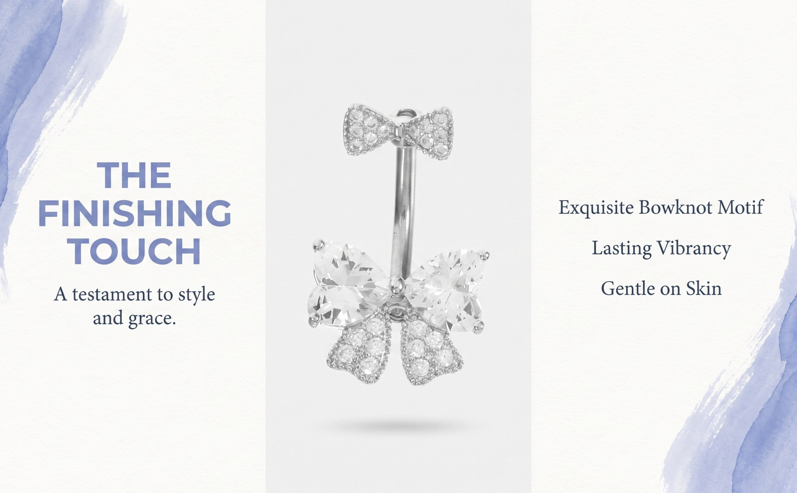 Body Jewelry For Sensitive Skin - 女性用、ステンレス製のボウ（リボン）型のへそピアス。上品なリボンデザインで、肌に優しく、快適な着け心地。