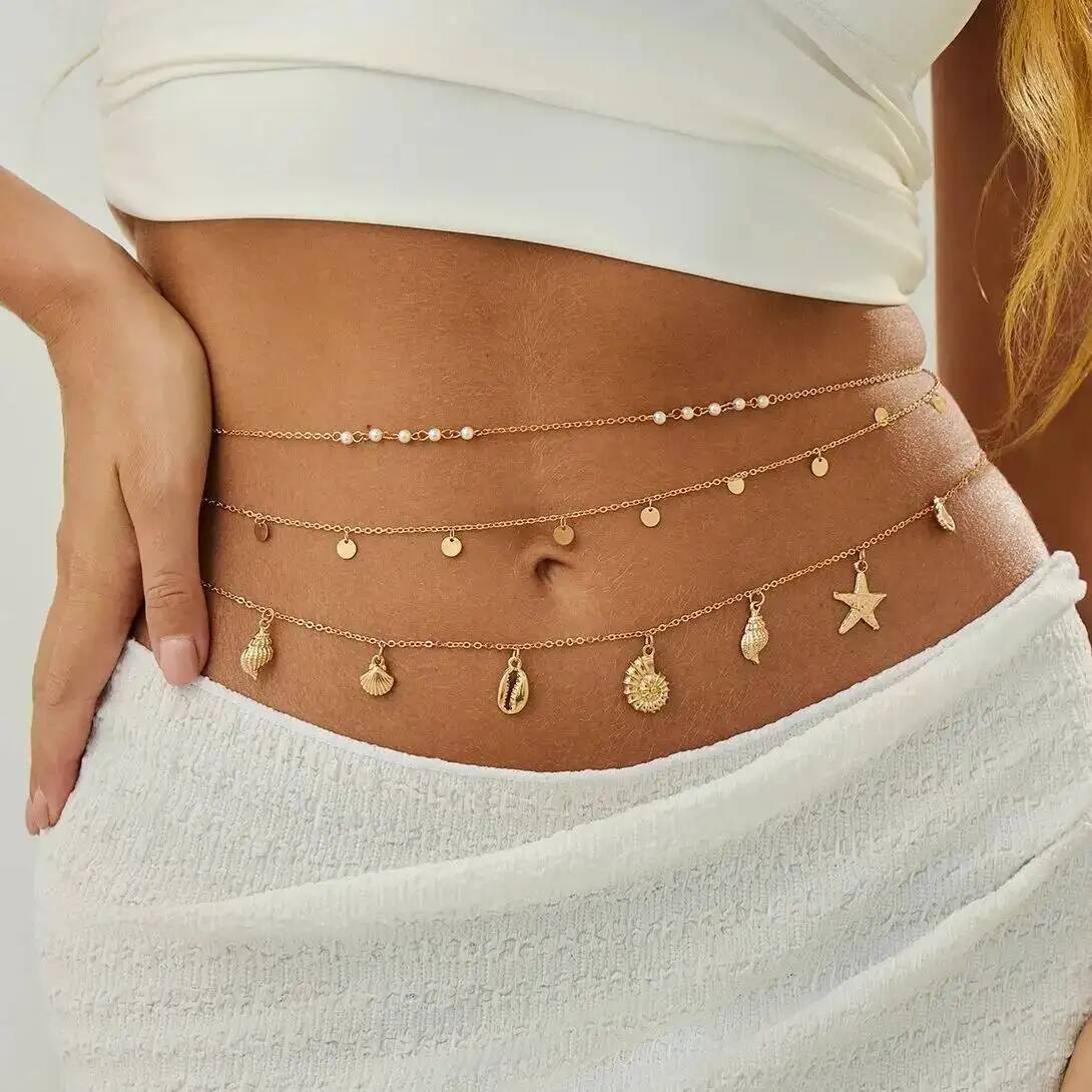 Body Jewelry Bulk - IngeSight.Z 3 ピース/セット自由奔放に生きるヒトデ巻貝ペンダントウエストベリーチェーン女性の夏のビーチセクシーなビキニベルトボディジュエリーアクセサリー