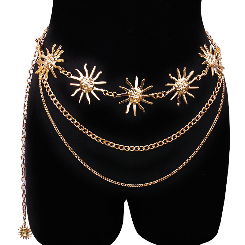 Body Jewelry Waist Chains - チャンキーな多層パンクゴシックムーンサンウエストチェーンメタルウエストベルト、女性用ドレスジュエリーボディチェーンジュエリー