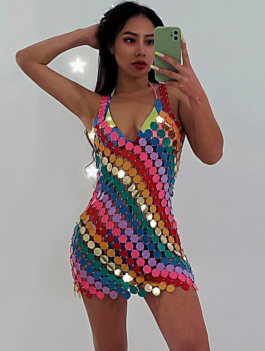 Body Jewelry For Backless Dress - セクシーなホルターネックラインとカラフルなスパンコールのボディチェーン,透かし彫りのショートドレス,クラブパーティー,ボディジュエリー,ダンスコスチューム