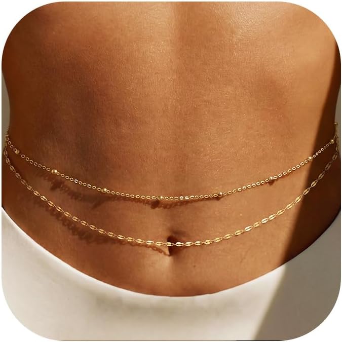 Body Jewelry Types - 14K金メッキウエストチェーン、女性用レイヤードウエストビーズ、ベリーボディゴールドチェーンベルト、防水サマービーチジュエリー（ビキニ用）