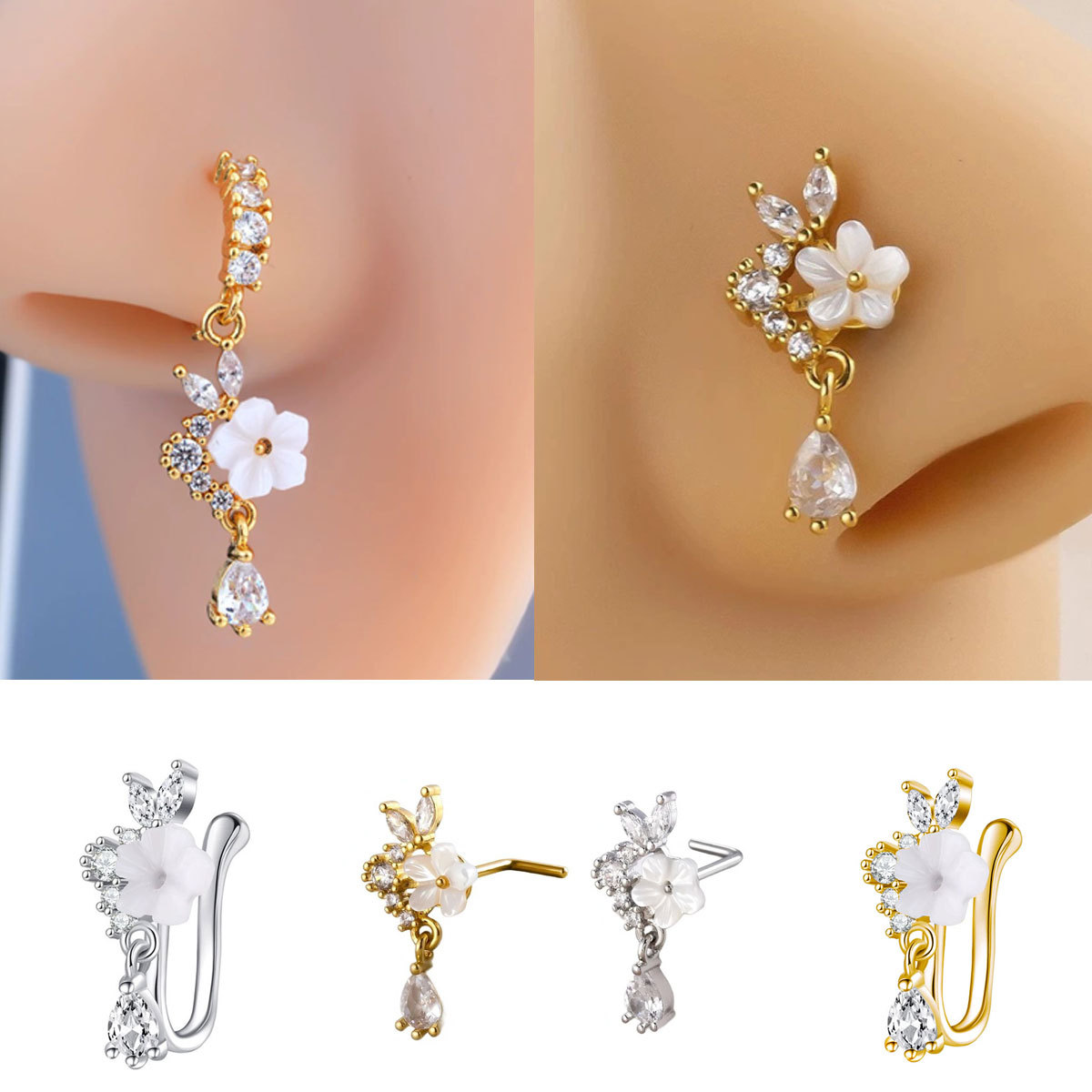 ゴールドフラワーノーズリング、CZクリスタルティアドロップノ - Body Jewelry Surgical Steel のレビューと価格