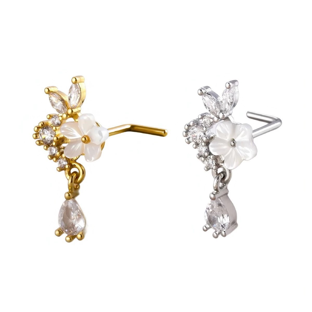 ゴールドフラワーノーズリング、CZクリスタルティアドロップノ - Body Jewelry Surgical Steel のレビューと価格