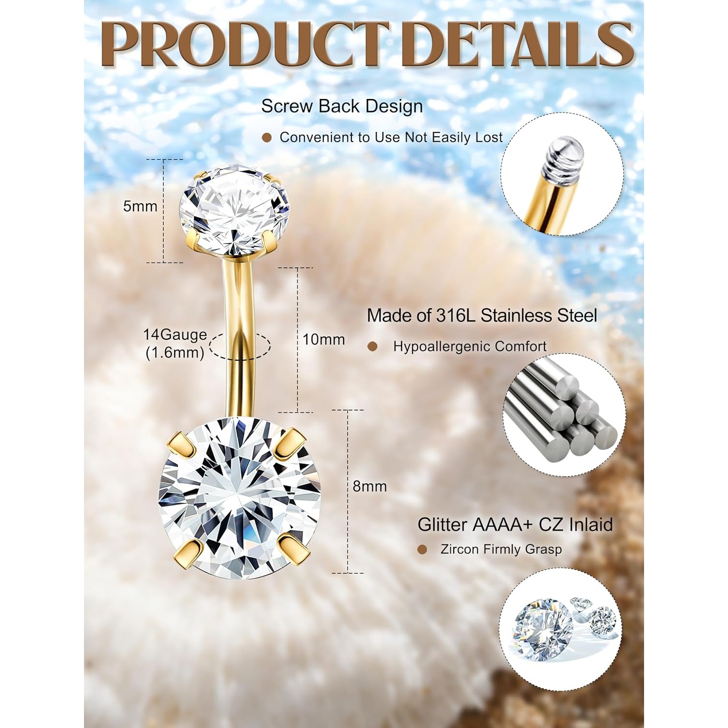 FASACCO 1個 14G ベリーボタンリング ダングル  - Body Jewelry For Sensitive Skin のレビューと価格