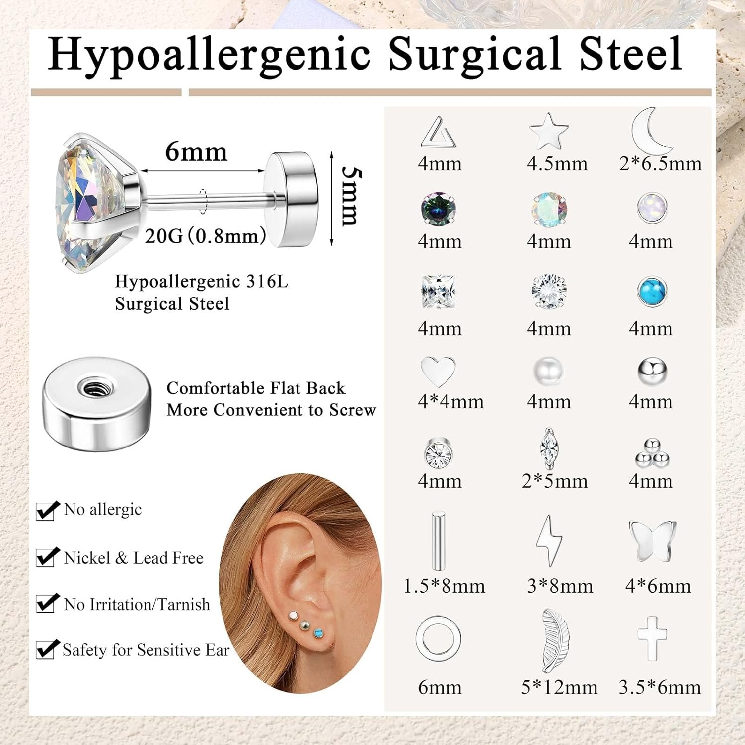 Florideco 1 ペア低刺激性フラットバックスタッドイ - Body Jewelry Surgical Steel のレビューと価格