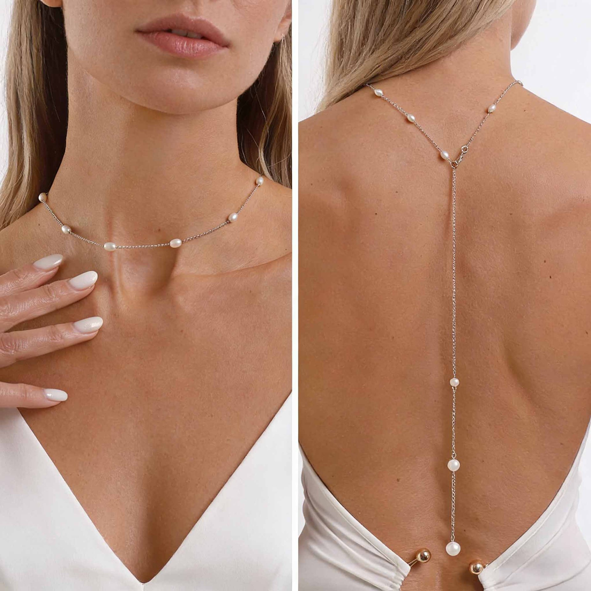 エレガントなバックドロップネックレス、イミテーションパール付 - Body Jewelry For Backless Dress のレビューと価格