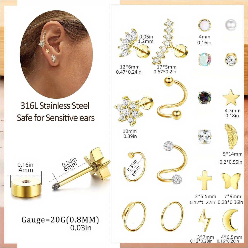 女性と男性のための魅力的な鋼のイヤリング、czオパール、月、 - Body Jewelry Surgical Steel のレビューと価格